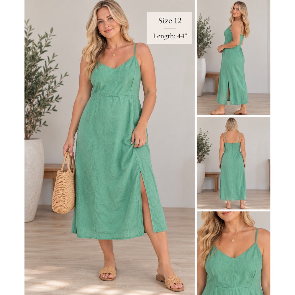 J Crew Linen Blend Midi Dress Womens 12 Mint Green Sleeveless Side Slit